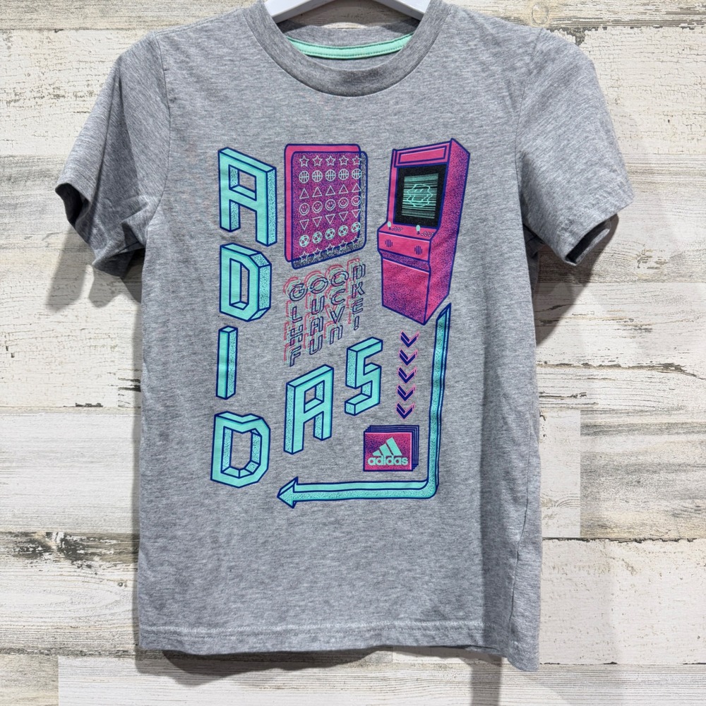 Adidas Graphic Tee Boys Size 7 Gray Arcade Gamer Retro Sporty EUC